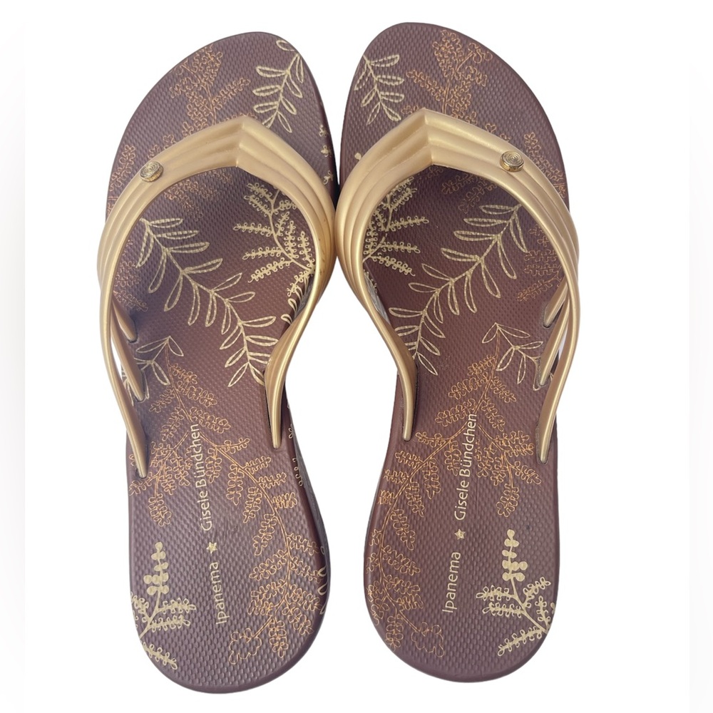 Ipanema - Gisele Bundchen Wedge Toe Post Sandal Brown Gold Jelly Flip Flop Y2K 7